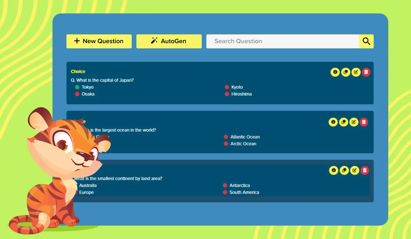 A screen displaying several choice questions, depicting the "Question Bank" mode on Factile.